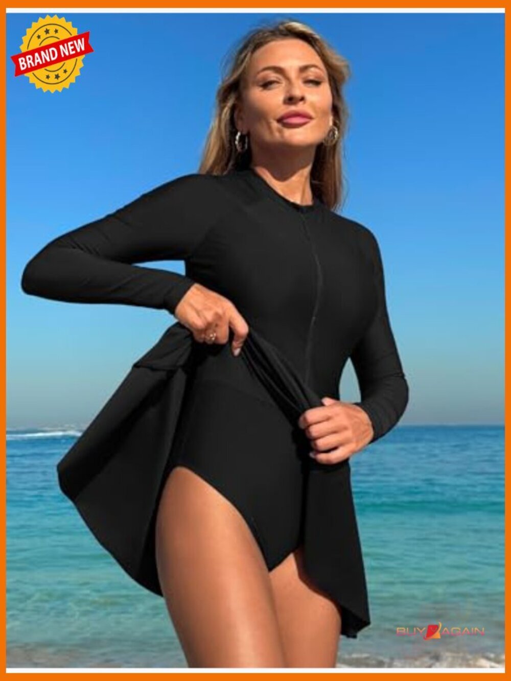 Women's One Piece Rash Guard Long Sleeve Modest Swimsuit with Skirt - Picture 2 of 7